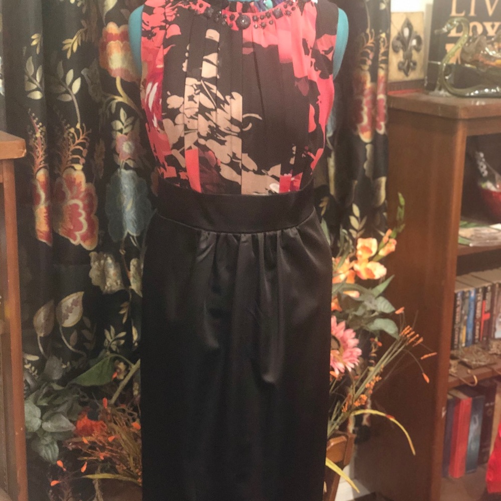 Jeweled Collar Pleated Top/Satin Skirt Dress